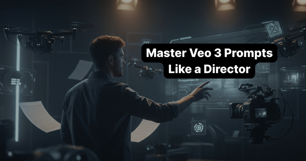 Illustration of a film director writing cinematic prompts for Veo 3 AI video model
