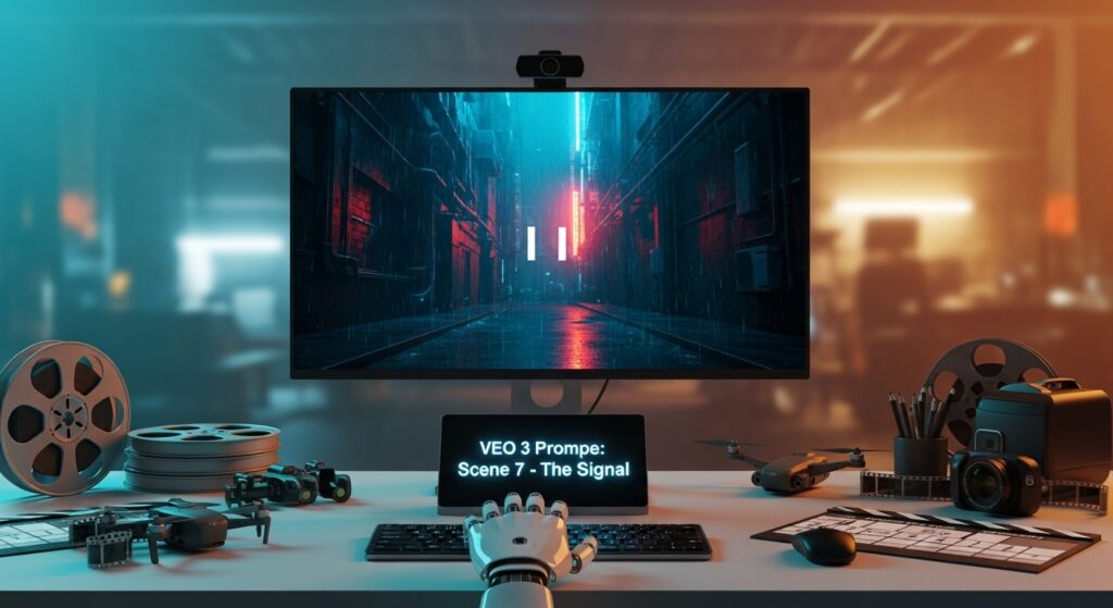 A sleek cinematic workspace with a widescreen monitor showing a paused movie scene prompt: a dark alley glowing with neon lights and rain. A robotic hand hovers above a futuristic keyboard where the words “Veo 3 Prompt: Scene 7 – The Signal” glow softly in blue. The environment is minimalist, with cinematic lighting — cold teal from the left, warm orange from the right. Film reels, camera drones, and a storyboard lie on the desk. The background is out of focus, suggesting depth and motion. No humans visible. The tone is serious, modern, and focused on creative control. --v 5 --ar 16:9 --style cinematic --lighting moody, dual tone