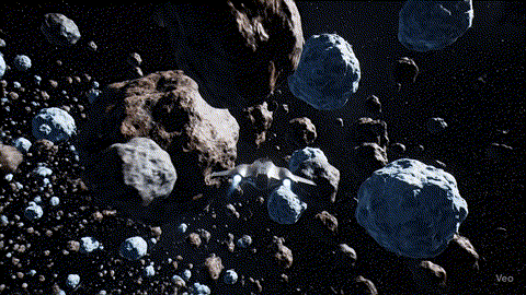 A dynamic AI video showing a spaceship with a smooth camera tracking shot as it dodges an asteroid.