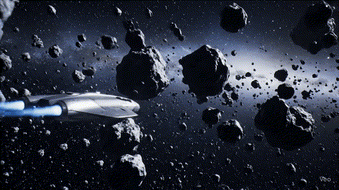 A basic AI video of a spaceship flying through an asteroid field with static camera movement.