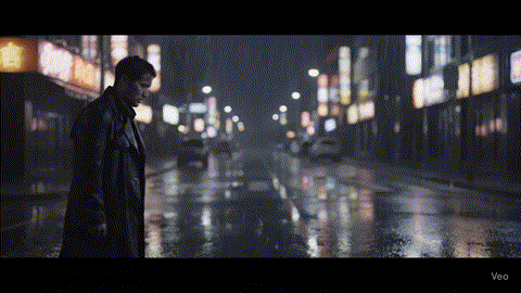 A rich, cinematic AI video scene of a tired detective in a trench coat walking down a rain-soaked city street at night.