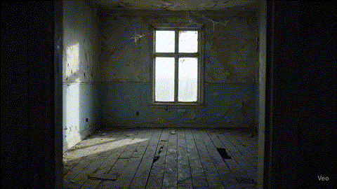 A flat AI video of an old, empty room with no specific mood or atmosphere.