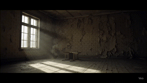 An atmospheric AI video of an empty room, transformed with a somber and melancholic mood using a single ray of light.