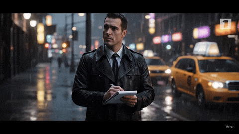 A basic AI video result showing a detective in a city with flat lighting and generic style.